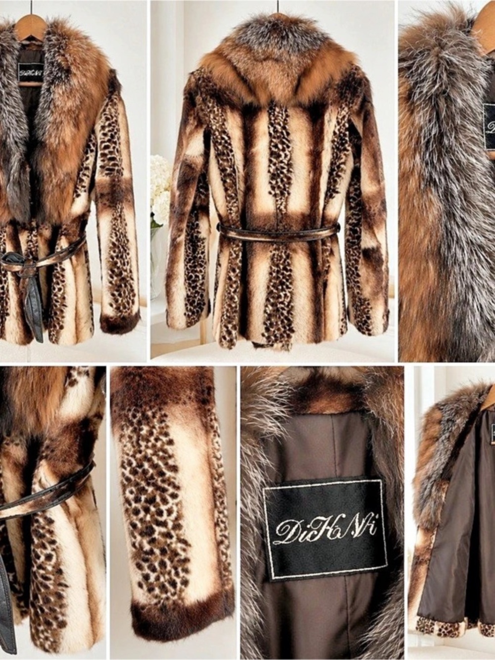 Genuine Fur Belted Jacket with Silver Fox Fur Collar